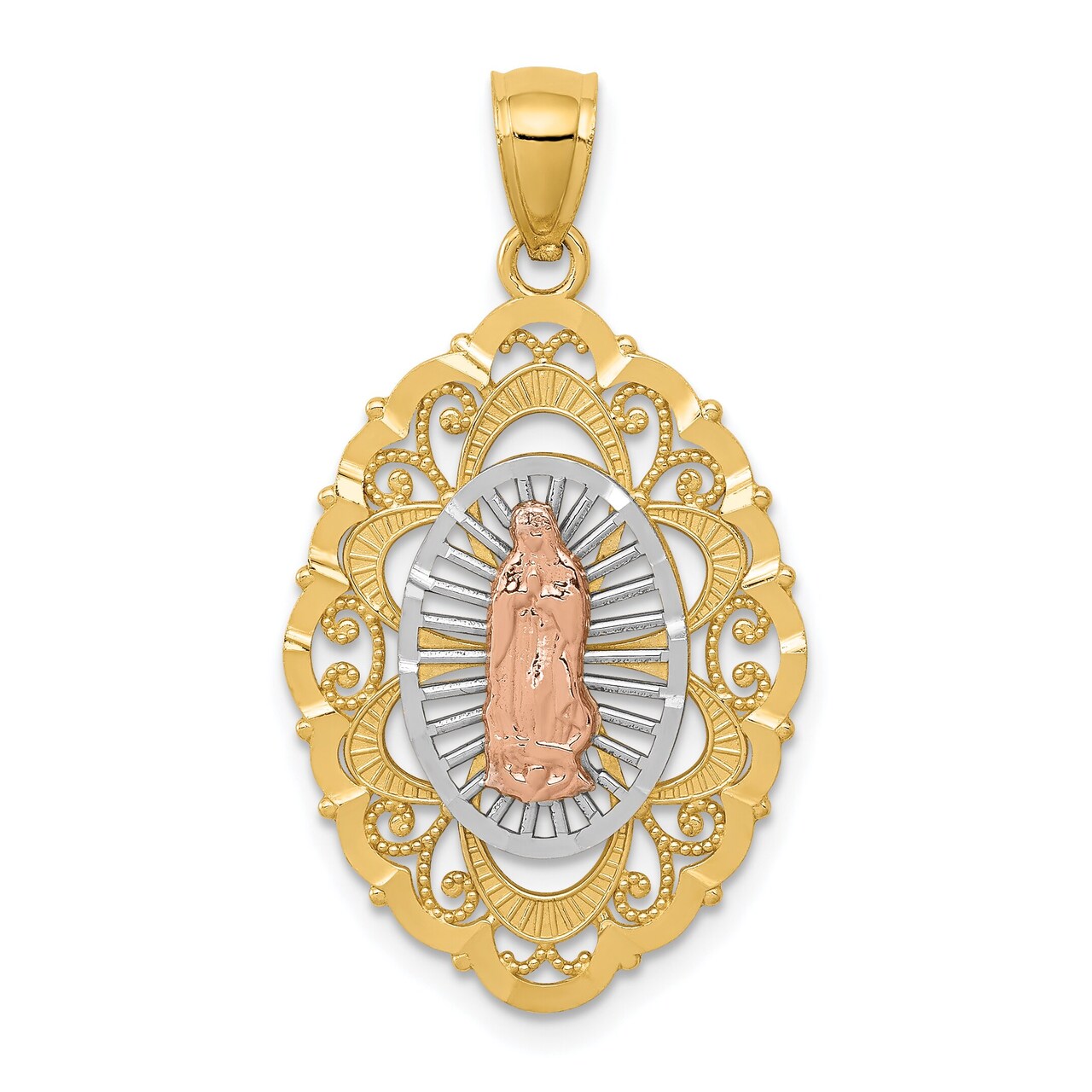 14K Tri-Color Gold Our Lady Of Guadalupe Pendant Charm Jewelry 34 x 18 mm